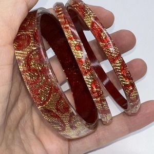 Bangle Bracelet Red Lace Gold tone Set of 3 Plastic Fashion Stackable